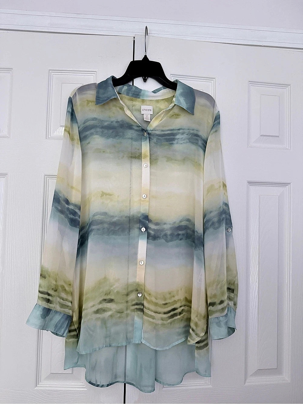 Chico's Abstract Watercolor Button Down Blouse in Blue, Green & Yellow